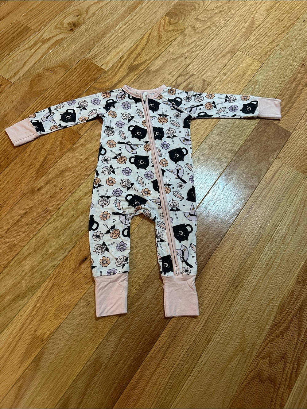 In my jammers 
Whimsical Witch Zipper Romper
